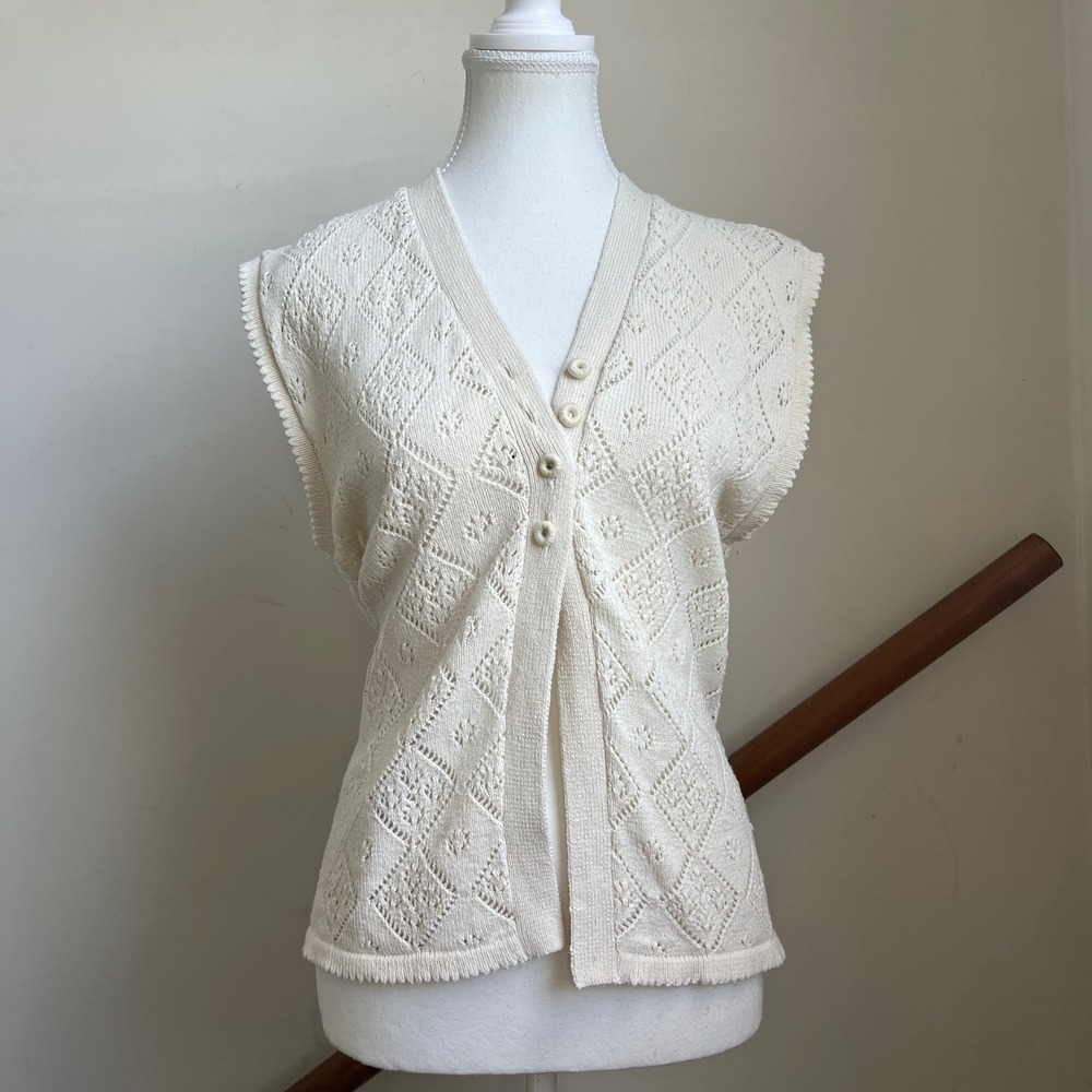 Vintage Crochet Cottagecore Knit Vest Pointelle Sweater Top‎ Coquette Feminine
